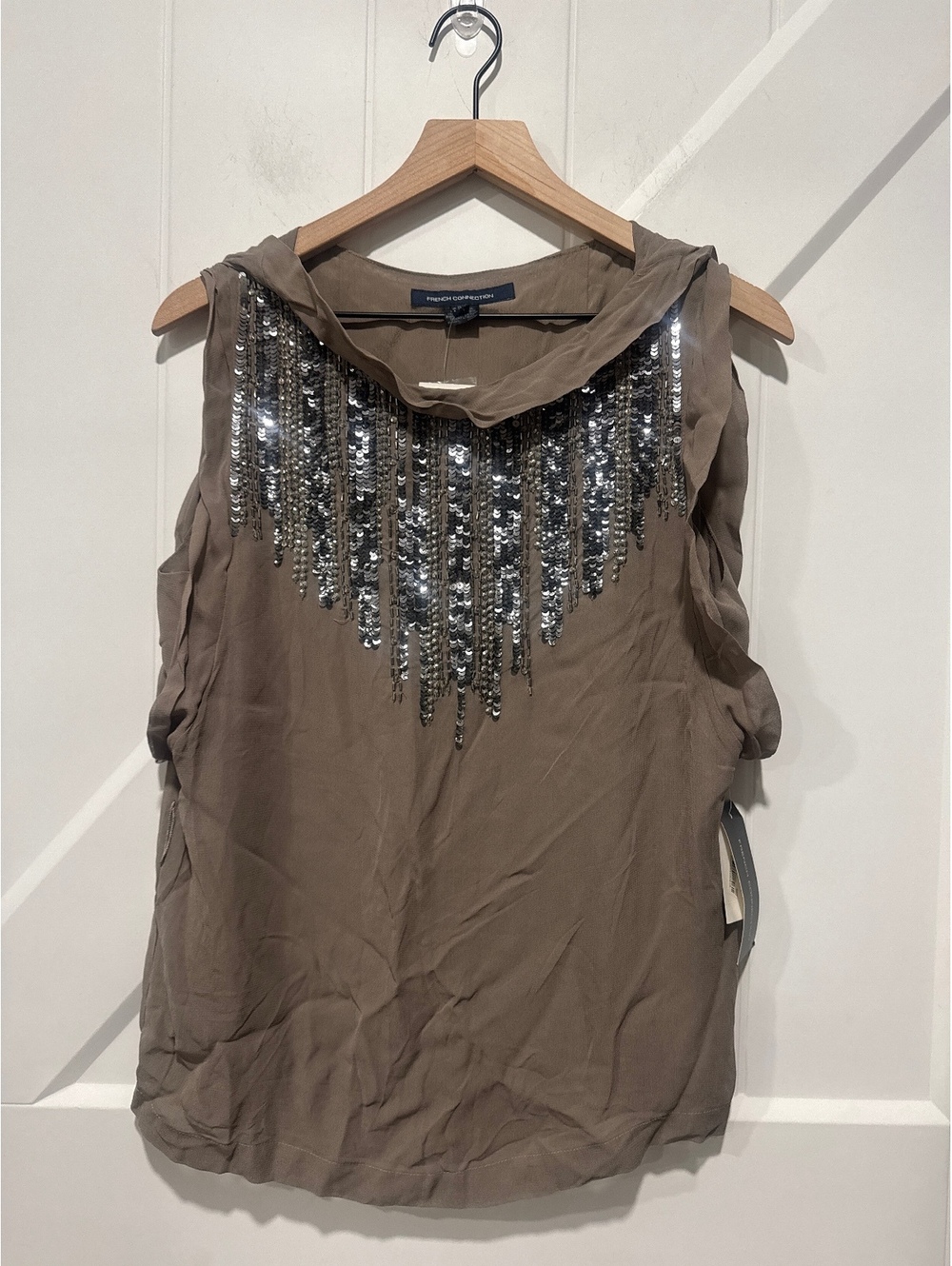 French Connection Sleeveless Taupe Top with Silver Sequins, NWT, Size 2